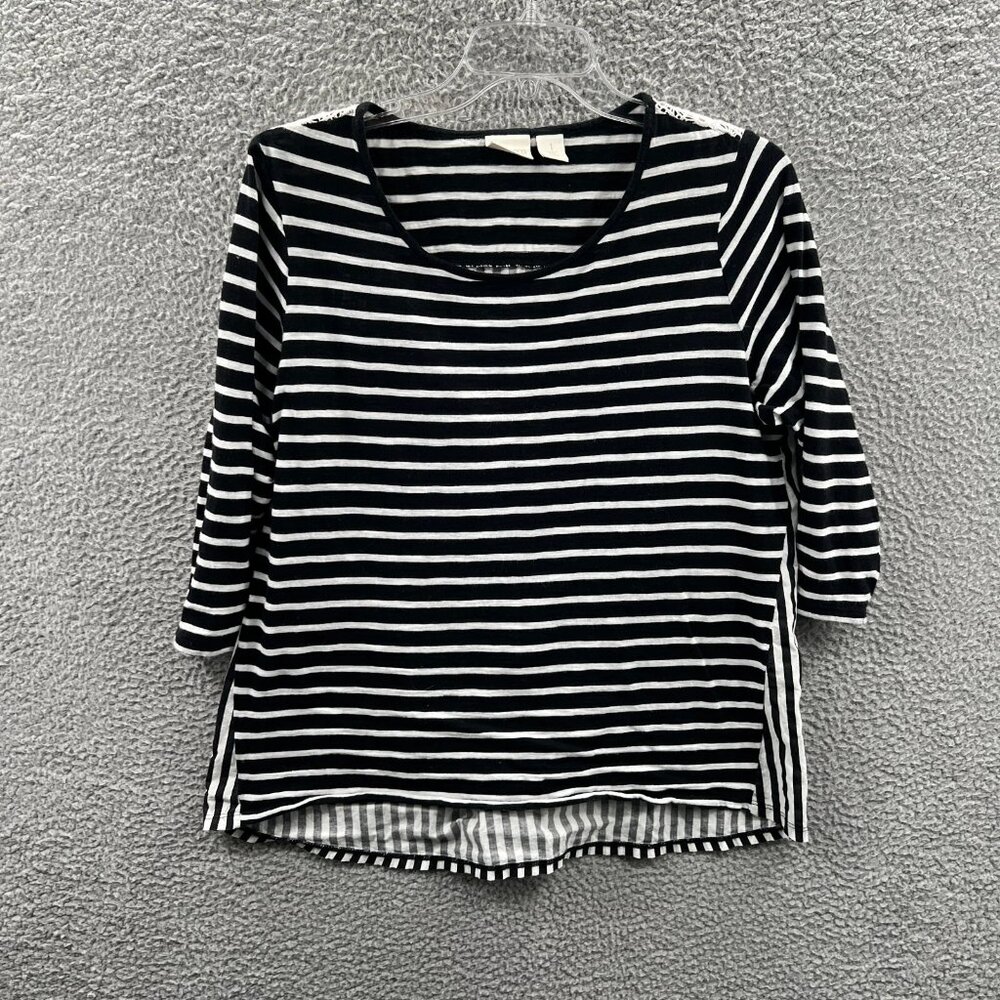 Chicos Womens Top 1 Medium Black White Striped 100% Cotton 3/4 Sleeve Shirt